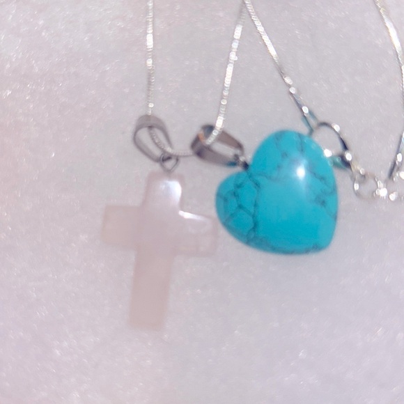 Boho hippie Rose Quartz Crystal Cross & Turquoise heart Sterling Silver 16” N… - Picture 2 of 6